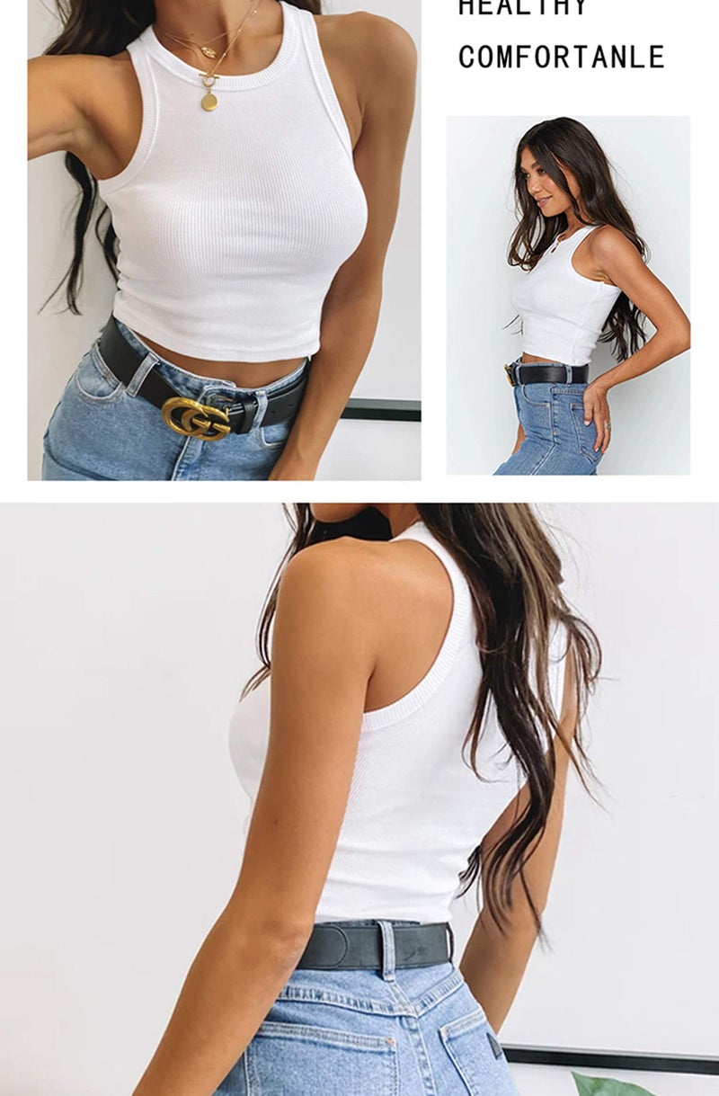 KAMISSY Cotton Rib-Knit Racerback Basic Tank Tops for Women Girls Sleeveless Vest Binding Y2k Crop Tank Top White XS - Image 3